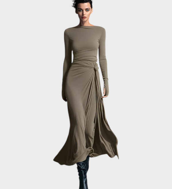 Hera | Γυναικείο Γκρι Εκπληκτικό Ελαστικό Μίγμα Υφάσματος Φορεμα - Κορδόνι Maxi Φόρεμα MDA1401H9I