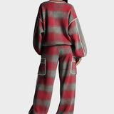 Natasa | Γυναικείο Κόκκινο Και Γκρι Πλαίσιο Βουρτσισμένο Κατεστραμμένο Στυλ Δρόμου Σετ Παντελονιού Με Χρωματιστές Λεπτομέρειες