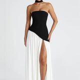 Elena – Maxi Φόρεμα με Ανοιχτούς Ώμους, Σκίσιμο & Choker Λεπτομέρεια