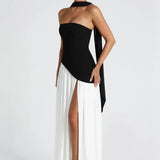 Elena – Maxi Φόρεμα με Ανοιχτούς Ώμους, Σκίσιμο & Choker Λεπτομέρεια