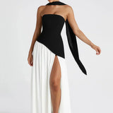 Elena – Maxi Φόρεμα με Ανοιχτούς Ώμους, Σκίσιμο & Choker Λεπτομέρεια